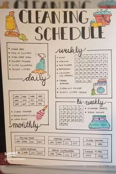 a cleaning schedule is shown on top of a refrigerator