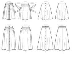 four different types of skirts with buttons on the front and back, all in three different styles