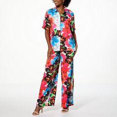 Antthony 2-piece Printed Challis Camp Shirt & Pant Set  Being comfortable in your skin is one thing. Being comfortable in your clothes is essential. Antthony designed this perfectly matched and oh-so pretty printed two-piece set to get you from workday to weekend with style and ease.   What You Get      Camp shirt     Pull-on pant Casual Spring Pajama Party Sets, Multicolor Short Sleeve Sleepwear With Floral Print, Multicolor Floral Print Short Sleeve Sleepwear, Multicolor Floral Print Sleepwear With Short Sleeves, Vacation Sleepwear With Short Sleeves, Spring Multicolor Floral Print Pant Set, Casual Multicolor Floral Print Sleepwear, Multicolor Pant Set For Spring Vacation, Multicolor Pant Set For Vacation In Spring