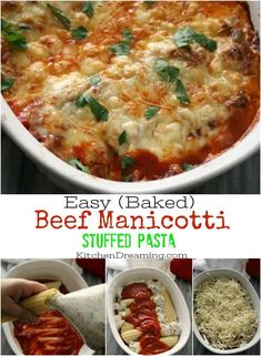 easy baked beef manicotti stuffed pasta in a white casserole dish with cheese and basil