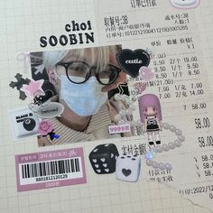 an altered photograph of a person wearing a face mask and some stickers on it