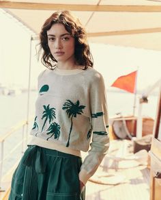 The Palm Pullover. -- Sea Green Palm Tree Landscape, Palm Tree Graphic, Sea Green Color, Tree Graphic, Beach Trips, Graphic Sweaters, Mother Denim, Hair Fragrance, Knit Sweatshirt