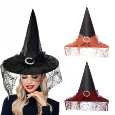 Description: Enhance your Halloween look with this dark and mysterious Witch Hat. Perfectly designed with a circle of mesh decoration, adding an extra touch of mystery to your costume. Pair it with witch costumes or any Halloween outfit to create a spellbinding appearance. Ideal for Halloween parties, costume events, stage performances, and more. Transform into a witch or sorceress effortlessly with this classic witch hat. Elevate your costume game and embrace the mystical vibes with this must-h Fantasy Halloween Festival Costumes, Spooky Hats For Halloween Costume Party, Spooky Black Costume Hats And Headpieces For Halloween, Spooky Halloween Costume Hats And Headpieces, Spooky Adjustable Halloween Costume Accessories, Adjustable Halloween Costume Hats And Headpieces, Black Costume Hats And Headpieces For Carnival, Witchy Costume Hats And Headpieces For Carnival, Fitted Fantasy Costume Hats And Headpieces For Halloween