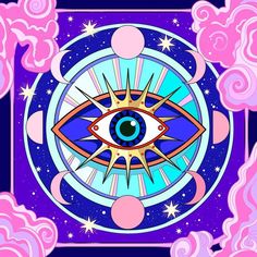 an eye surrounded by clouds and stars on a blue background with pink flowers in the foreground