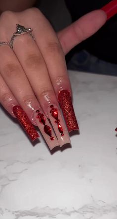 Red And Gold Press On Nails, Copy And Paste Latina Nails Red, Red Nail Set With Gems, Birthday Nails Coffin Red, Red Rhinestone Christmas Nails, Nails With Red Diamonds, Red Small Nails, Red Acyrilics Nails Design