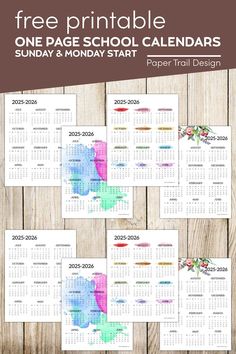 the free printable one page school calendar is shown in four different colors and sizes