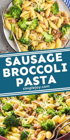 sausage broccoli pasta in a skillet with text overlay