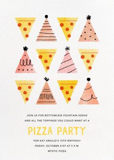 a birthday party card with different types of pizzas