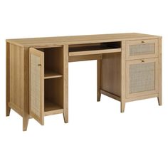 a wooden desk with wicker baskets on the top and bottom drawers, in front of a white background