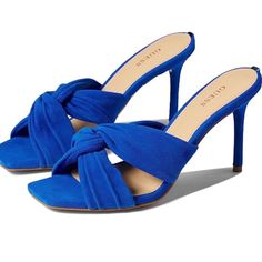 Like New. No Pets. No Smoke Blue Synthetic Sandals With 4-inch Heel, Blue Pointed Toe Casual Sandals, Casual Blue Pointed Toe Sandals, Blue Synthetic Heels With Wrapped Heel, Blue Heels With Cushioned Footbed For Spring, Blue Synthetic Heels With Cushioned Footbed, Blue Slip-on Heels, Blue Cushioned Slip-on Heels, Casual Blue Sandals With Wrapped Heel