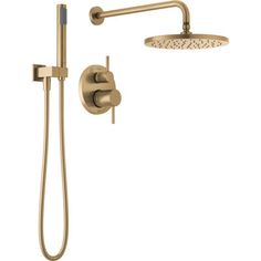 an image of a shower head and handset with thermostaer in brushed brass