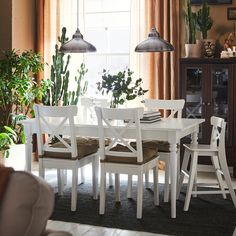 a dining room table with four chairs and a potted plant in the corner next to it