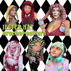 four different people wearing costumes with words written in the upper right corner and bottom left corner