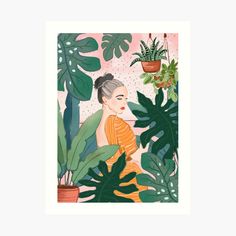 an illustration of a woman sitting in front of plants and potted plants art print