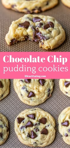 chocolate chip pudding cookies on a baking sheet with the title in pink and white overlay