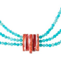 Jay King Peruvian Amazonite and Spiny Oyster Shell 18-1/4" Necklace  Unique and very pretty, this handcrafted necklace is definitely a "must-have" piece. Wear it to "amp" your outfit — day or night.       Necklace approx. 18-1/4"L x 3/8"W with 2-3/4" extender      Drop approx. 15/16"L x 13/16"W      Stamped .925     Sterling silver hook closure     Stabilized Peruvian amazonite beaded necklace with freeform orange spiny oyster stations      3-strand drop of round stabilized Peruvian amazonite beads with freeform orange spiny oyster station at center   Stone Information       All sizes and weights approximate     Stabilized Blue Amazonite - Round (7-10mm and 4mm)      Orange Spiny Oyster Shell - Freeform (18x21mm and 8x22mm to 10x24mm) Faceted Multi-strand Necklace As Gift, Faceted Multi-strand Necklace For Gift, Unique Faceted Necklaces, Unique Faceted Round Bead Necklaces, Unique Faceted Round Bead Necklace, Oyster Station, 4 Necklace, Night Necklace, Jewelry King