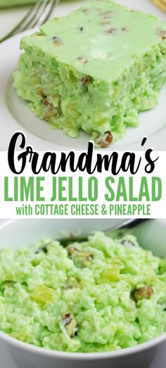 a bowl filled with lime jello salad and topped with pistape