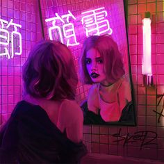 a woman looking at herself in the mirror with neon lights behind her and writing on the wall