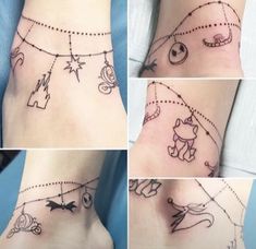 four pictures of different tattoos on the legs and feet, all showing their meaningss