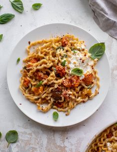 a white plate topped with pasta covered in sauce and basil leaves next to a bowl of noodles