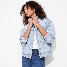 Women's Foundational Denim Oversized Trucker Jacket - Wild Fable™ Light Wash S Western Denim Shirt, Oversized Denim Jacket, Blue Denim Jacket, Womens Tie, Light Blue Denim, Trucker Jacket, Lace Shirt, Cropped Denim, Wild Fable