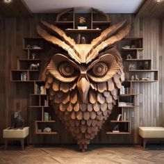 an owl sculpture is on display in a room with wooden walls and flooring, along with bookshelves