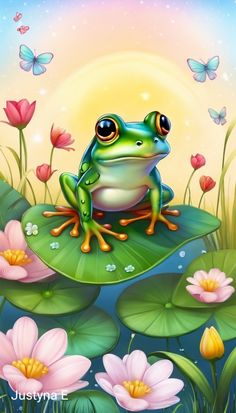 a frog sitting on top of a lily pad in the middle of flowers and butterflies