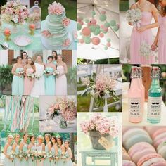 a collage of photos with pink and mint green wedding decorations, flowers, macaroons, donuts