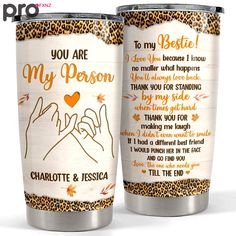 two stainless steel tumblers with the words you are my person and hand gestures on them