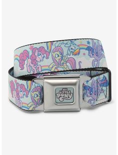 a white belt with pinkie ponys on the front and blue, yellow, green,