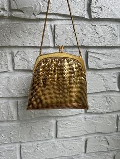 Vintage gold Whiting and Davis bag Luxury Bags With Gold Clasp For Formal Occasions, Elegant Rectangular Bags With Gold Clasp, Elegant Rectangular Bag With Gold Clasp, Luxury Gold Top Handle Shoulder Bag, Rectangular Bags With Gold Clasp For Everyday Use, Yellow Gold Rectangular Shoulder Bag With Gold-tone Hardware, Formal Yellow Gold Bags With Gold-tone Hardware, Formal Rectangular Bag With Gold Clasp, Luxury Gold Shoulder Bag With Detachable Handle