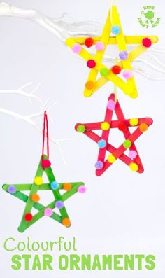 three colorful star ornaments hanging from a branch with text overlay that reads, colorful star ornaments