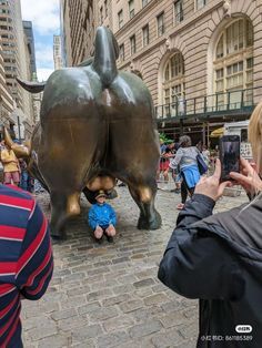 people are taking pictures of the bull statue