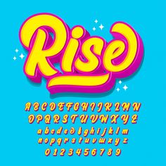 the word rise is written in different colors and font, as well as stars on a blue