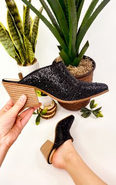 Extreme style and comfort will keep these mules at the front of your closet! Black rhinestones Pointed toe 3 inch stacked heel Fit true to size. If between sizes, size up. Artsy Bag, Inspired Handbags, Long I, Black Rhinestone, Boho Beach, Stacked Heel, Gatsby, Mule, Heeled Mules