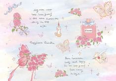 a drawing of pink flowers and butterflies on a blue sky background with words written in cursive writing