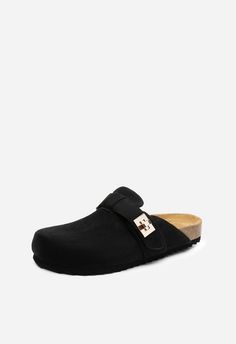 Comfortable Microsuede Upper and Lining Adjustable Hook-and-Loop Strap for Customized Fit Round Toe Supportive Midsole Decorative Metal Buckle Daily Activity, Suede Clogs, Fashion Shoes Flats, Flat Mules, Decorative Metal, Metal Buckles, Metal Decor, Arch Support, Apricot