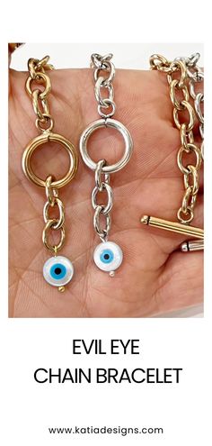 9mm plated brass chain bracelet Toggle clasp Choose from silver or gold finish Available in 4 sizes (see chart for reference) Small pearl evil eye Models wrist measures 5" and she is wearing the S Brass Chain, Bracelet Jewelry, Evil Eye, Chain Bracelet