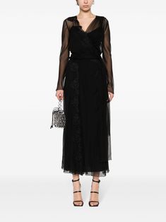 Elegant Sheer V-neck Maxi Dress, Evening Midi Dress With Sheer Sleeves And V-neck, Formal Black Silk Chiffon Maxi Dress, Sheer V-neck Maxi Dress For Evening, Formal Silk Maxi Dress With Sheer Sleeves, Black Silk Chiffon Party Maxi Dress, Sheer Silk Midi Dress For Evening, Elegant Silk Chiffon Midi Dress For Formal Occasions, Evening Silk Chiffon Midi Dress