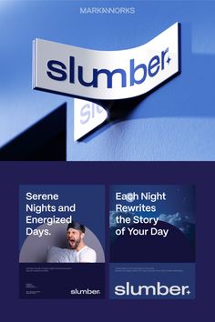 the website for slumber is displayed in blue and white colors, with an image of