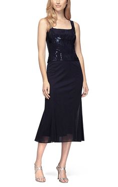 Our best selling fireworks jacket dress is the perfect choice for Mother-of-the-Bride (& Groom) or for wedding guests! Jacket offers the ideal coverage for ceremony, while the sleeveless dress is perfect for reception dancing. Midi Dress With Jacket, Midi Dress Jacket, Sequin Embellished Top, Evening Midi Dress, Tea Length Skirt, Dress With Jacket, Sequin Midi Dress, Embellished Jacket, Alex Evenings