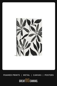 a black and white flower design on a square paper with the words framed prints metal canvass