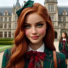 a doll with long red hair wearing a green jacket and plaid bow around her neck