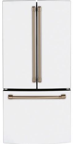 a white refrigerator freezer with two gold handles