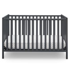 a black crib with white sheets on the bottom and side rails, in front of a white background