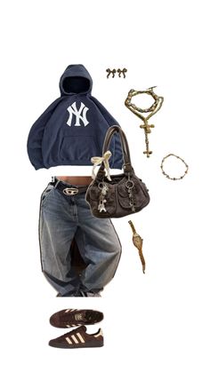 Outfit inspo trippy streatwear ny yankees new york Street Style Outfits Casual, Cute Preppy Outfits, Ny Yankees, Fall Fits, Lookbook Outfits, Streetwear Outfit