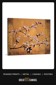 a painting with pink flowers on a wooden paneled background that says, framed prints metal canvass posters great big canvass