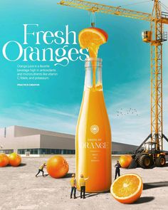 an advertisement for orange juice with people standing in front of it