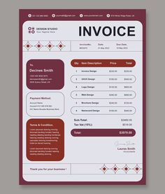 a red and white invoice is shown on the front of a purple background