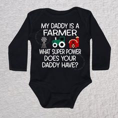 My Daddy Is A Farmer Long Sleeve Black Bodysuit Funny Fitted Black Onesie, Fitted Playful Onesie With Letter Print, Playful Fitted Onesie With Letter Print, Fitted Letter Print Bodysuit For Playwear, Fitted Onesie With Name Print For Parenting, Fitted Graphic Print Onesie For Playwear, Funny Fitted Onesie With Graphic Print, Fitted Black Onesie With Name Print, Fitted Family Matching Onesie With Graphic Print